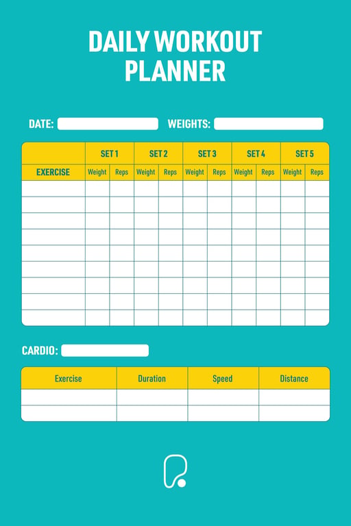 Daily workout planner with sections for weights, reps, cardio, duration, speed, and distan