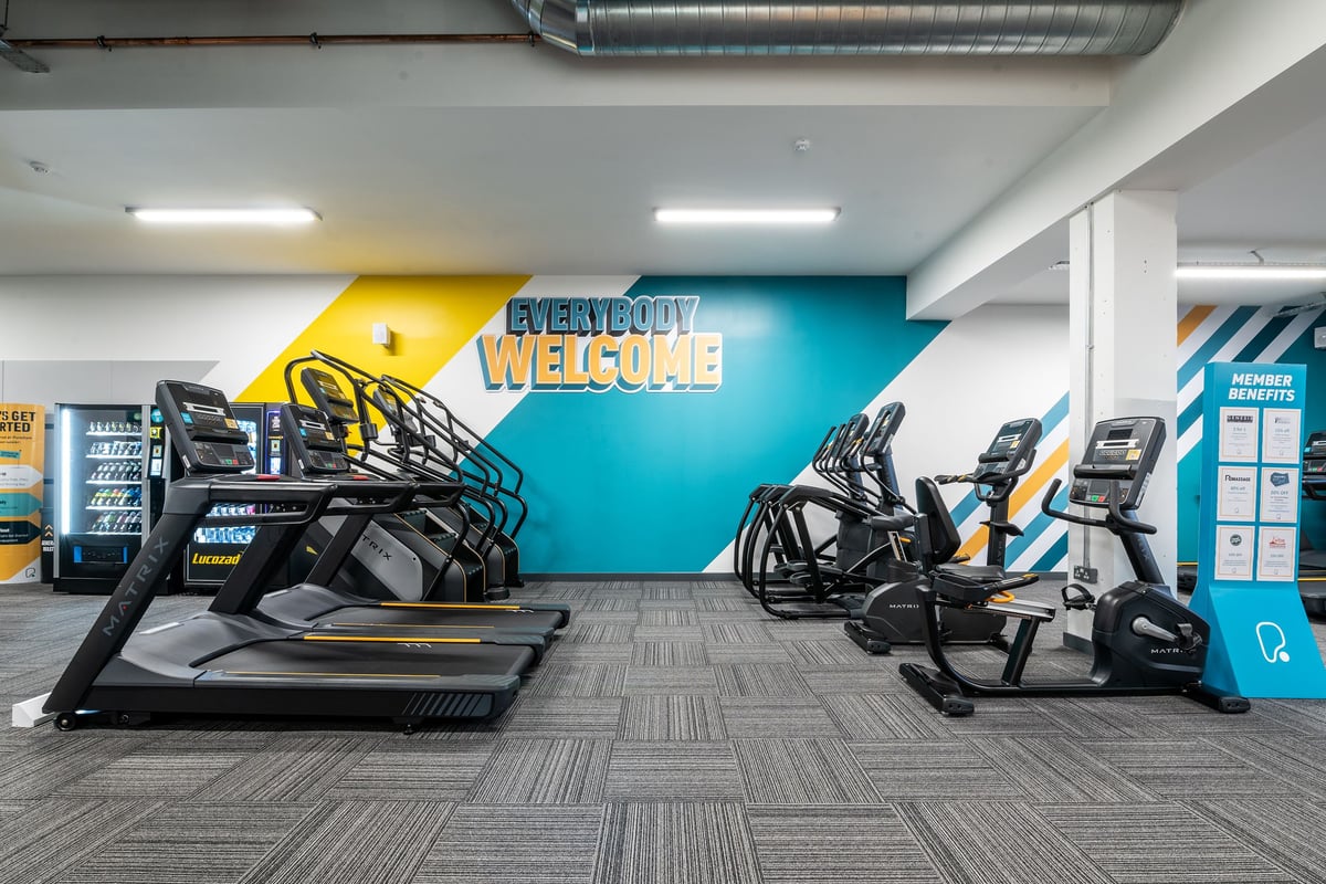 PureGym London Bethnal Green: Rows of treadmills, cross-trainers, and exercise bikes in a vibrant gym setting.