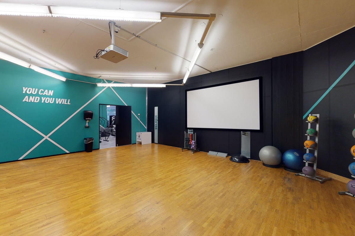 PureGym Basel Dreispitz: Studio with projection screen, exercise balls, free weights, and motivational wall text.