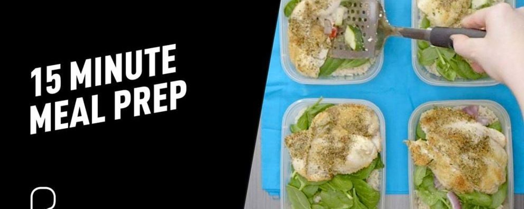 Four meal prep containers with chicken, green vegetables and seasoning on blue mat