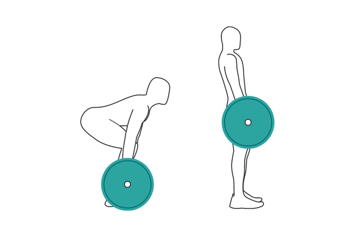 Two figures demonstrating the start and end positions of a deadlift with a barbell.