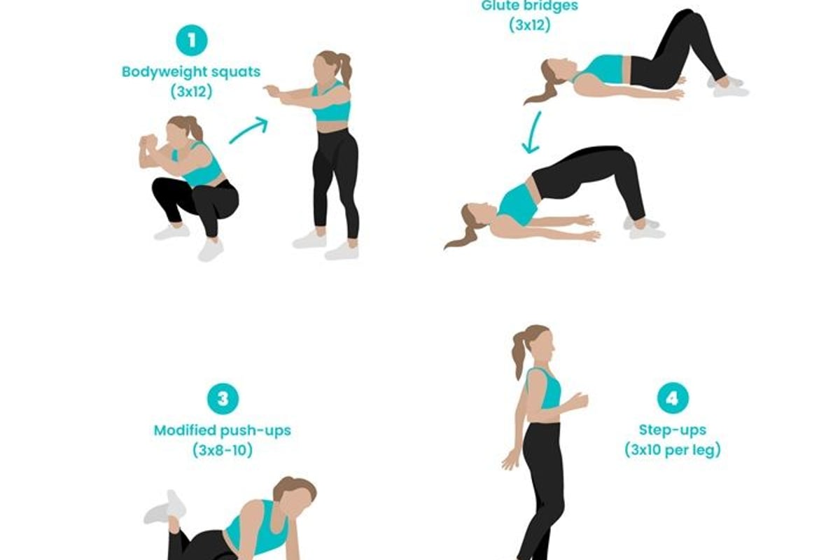 Illustrated workout guide for a full body, beginner friendly functional workout