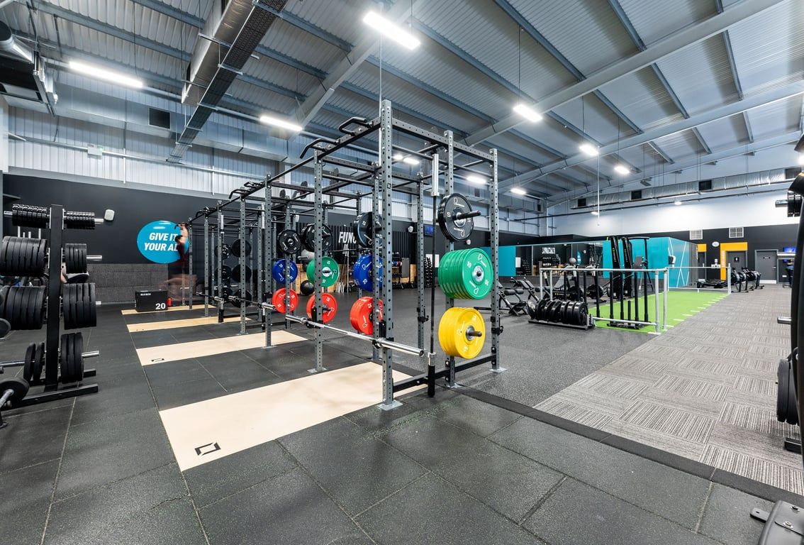 PureGym Widnes: Rig frames, weight plates in colourful discs, rubberised floor, mirrored walls.