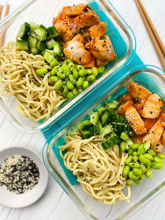 Two glass containers with noodles, diced cucumber, edamame, and sesame chicken pieces