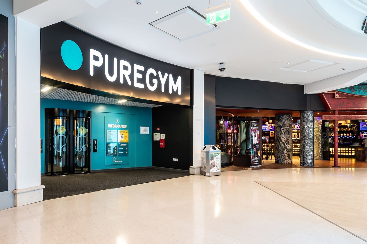 PureGym Norwich Castle Mall: The gym entrance with blue branding and signage 'PUREGYM'.