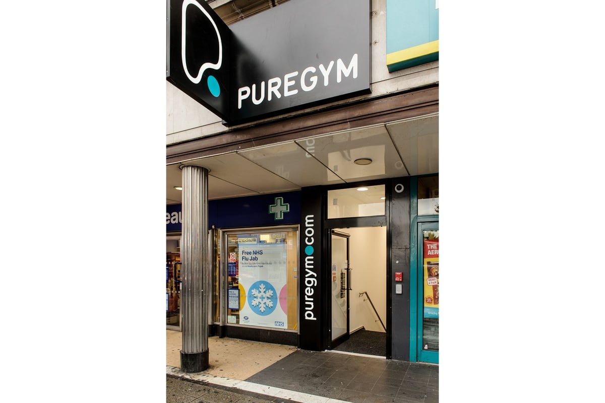 PureGym London Wembley: Entrance of a PureGym fitness center with signage and interior visible.