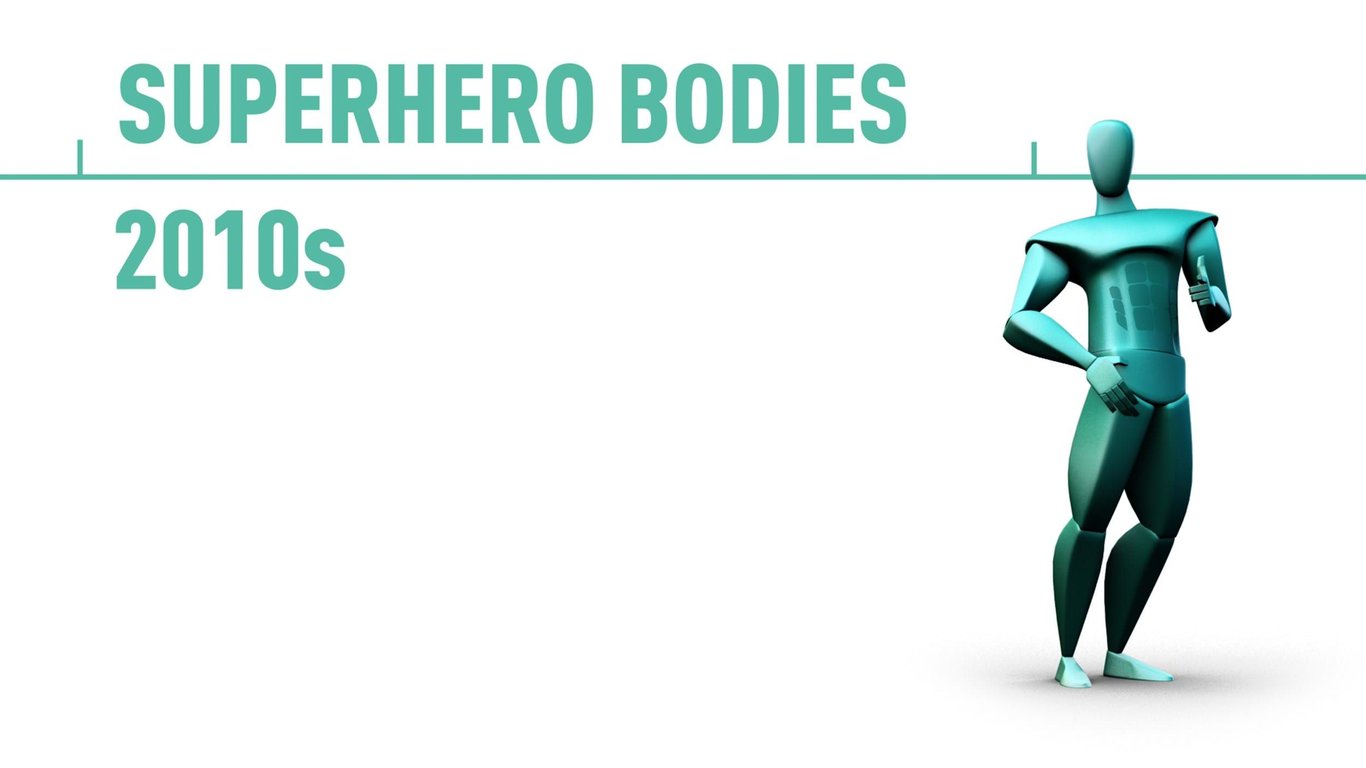 Stylised muscular humanoid figure representing superhero body type of the 2010s decade
