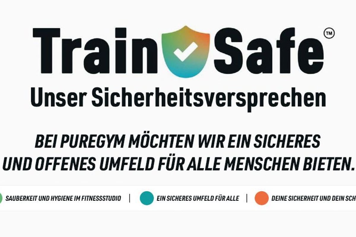 Train Safe Logo mit PureGyms Sicherheitsverpflichtungsmitteilung und drei Sicherheitssäulen auf weissem Hintergrund
