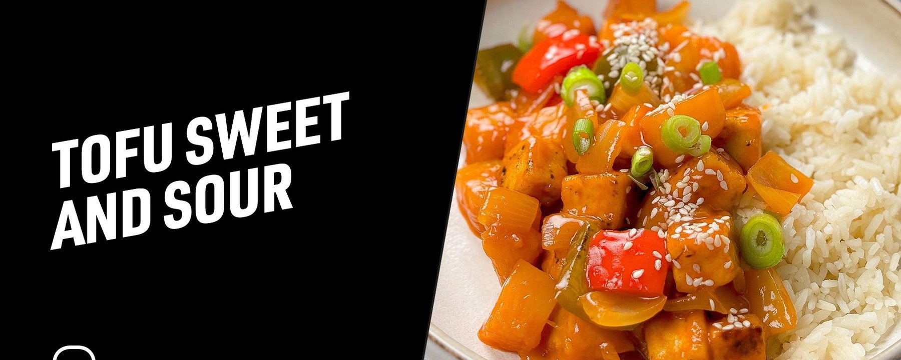 Tofu sweet and sour with vegetables and white rice on a plate garnished with sesame seeds