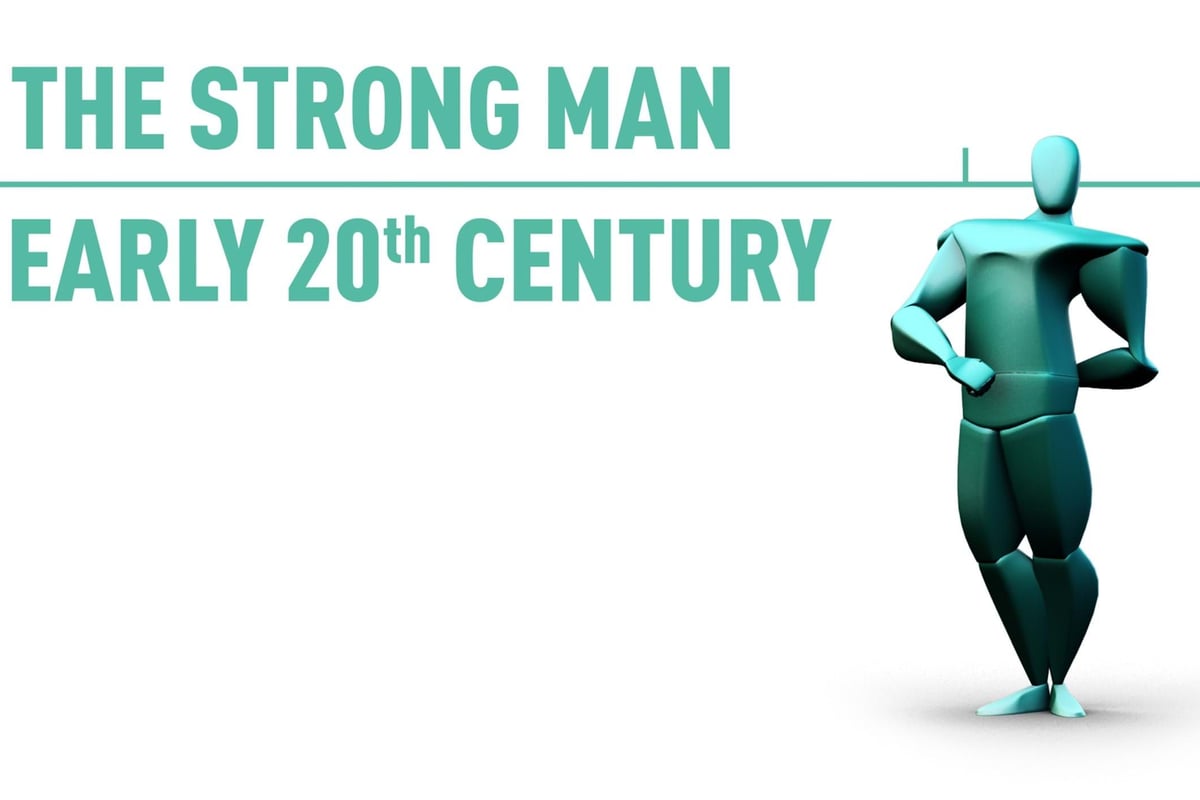 Stylised turquoise figure of a strong man with text The Strong Man Early 20th Century