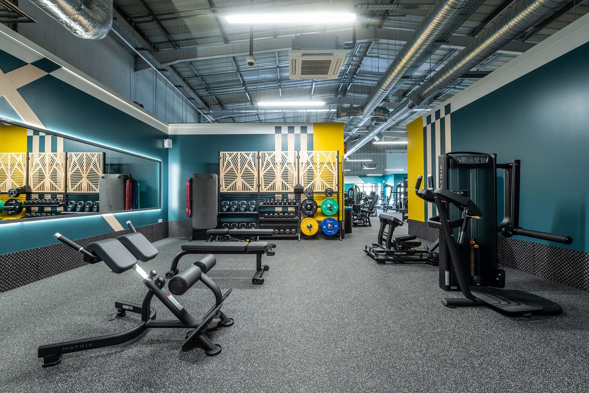 PureGym Horsham: Strength equipment, racks, free weights, benches, and mirrors in a gym studio.