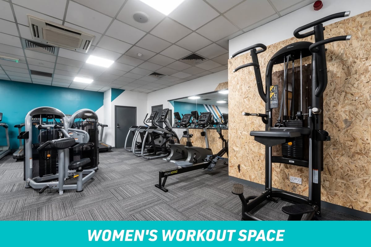 PureGym Rochdale Women's Workout Space: assisted pull up machine, fixed pin machines and rowers