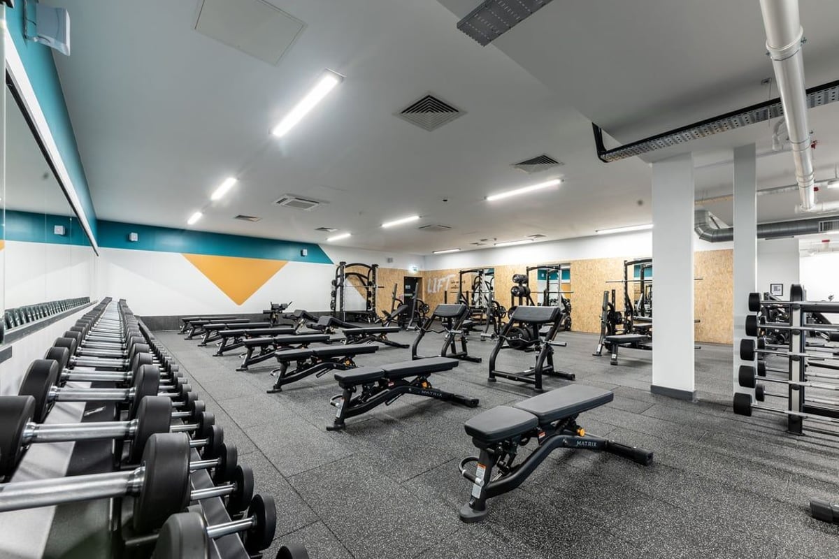 PureGym Glasgow Giffnock: Weight benches, barbells, dumbbells, plate racks on rubberized floor in bright gym space.
