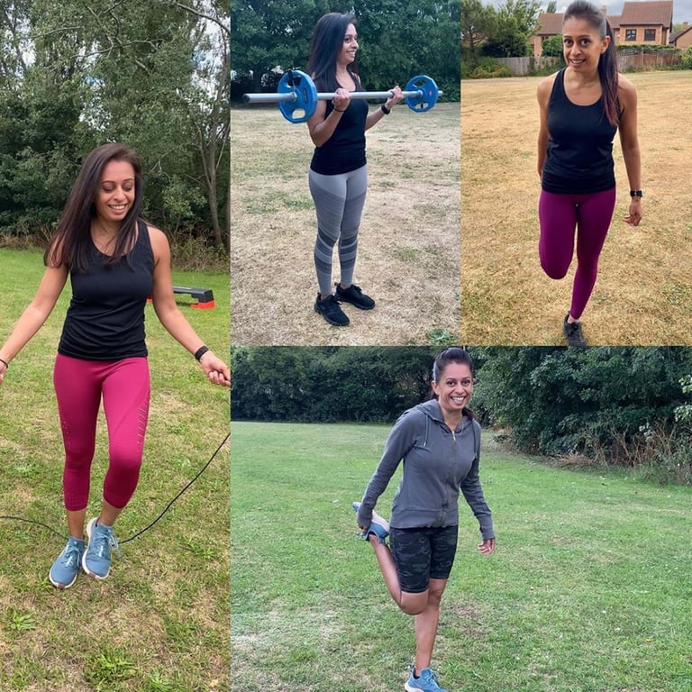 Woman exercising outdoors with jump rope, weights, and stretching in four scenes