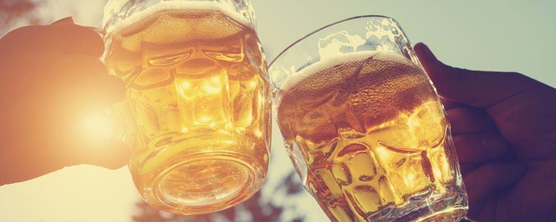 Two hands clinking beer mugs with sunlight shining through the golden liquid.