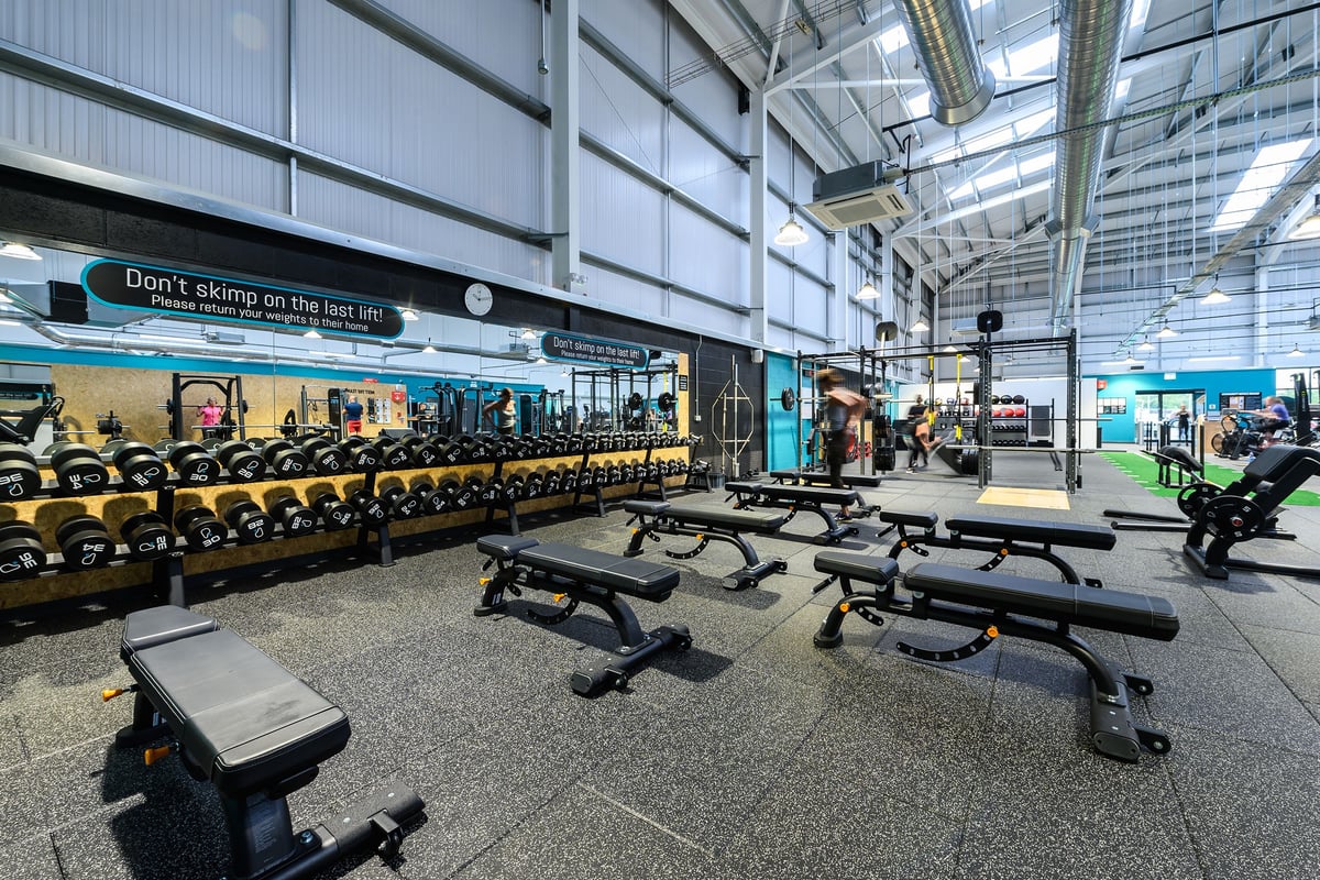 PureGym Saffron Walden: Rows of weight benches, free weights, and exercise machines in a spacious gym interior.
