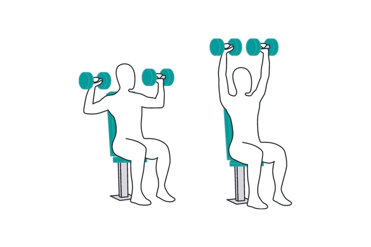 Person seated on a bench pressing dumbbells from shoulder height to above the head.