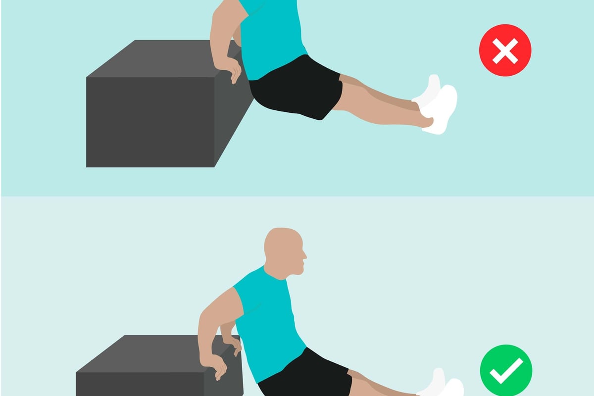 Man doing tricep dips with incorrect and correct arm positions on a box