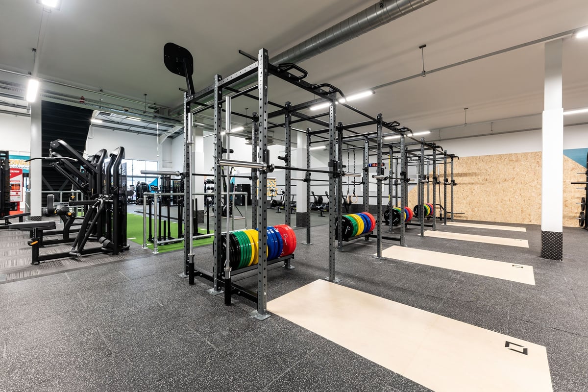 PureGym Maidenhead: Racks, weights, platforms, rubberised flooring - typical CrossFit-style gym layout.