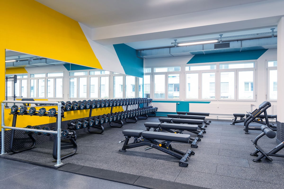 PureGym Vevey: Des rangées de bancs de musculation et un support d'haltères contre un mur en miroir.
