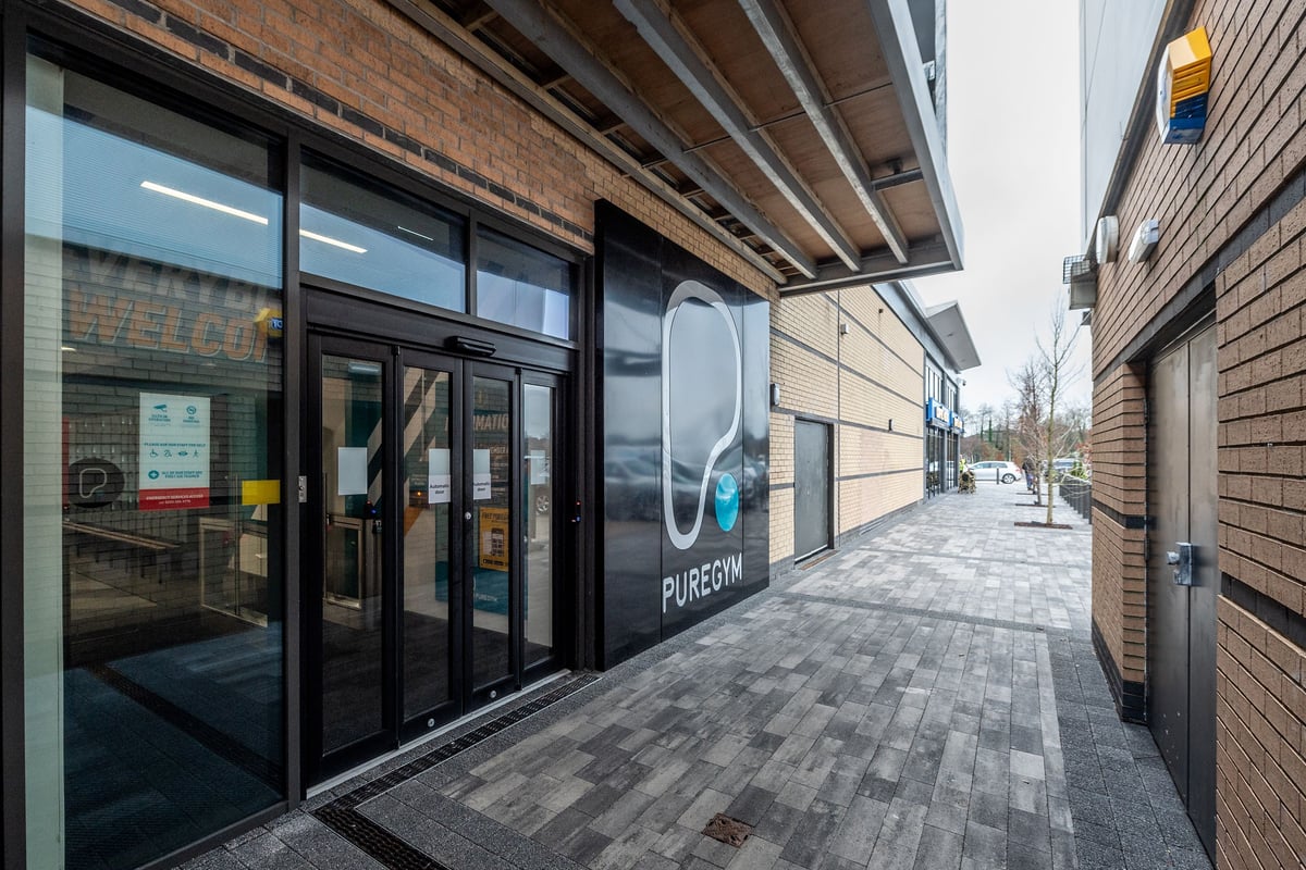PureGym Craigavon: Fitness studio exterior with large windows, entrance doors and branded signage.