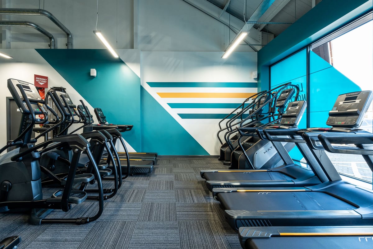 PureGym Kendal: Rows of treadmills and other cardio machines in a bright blue-toned gym studio.