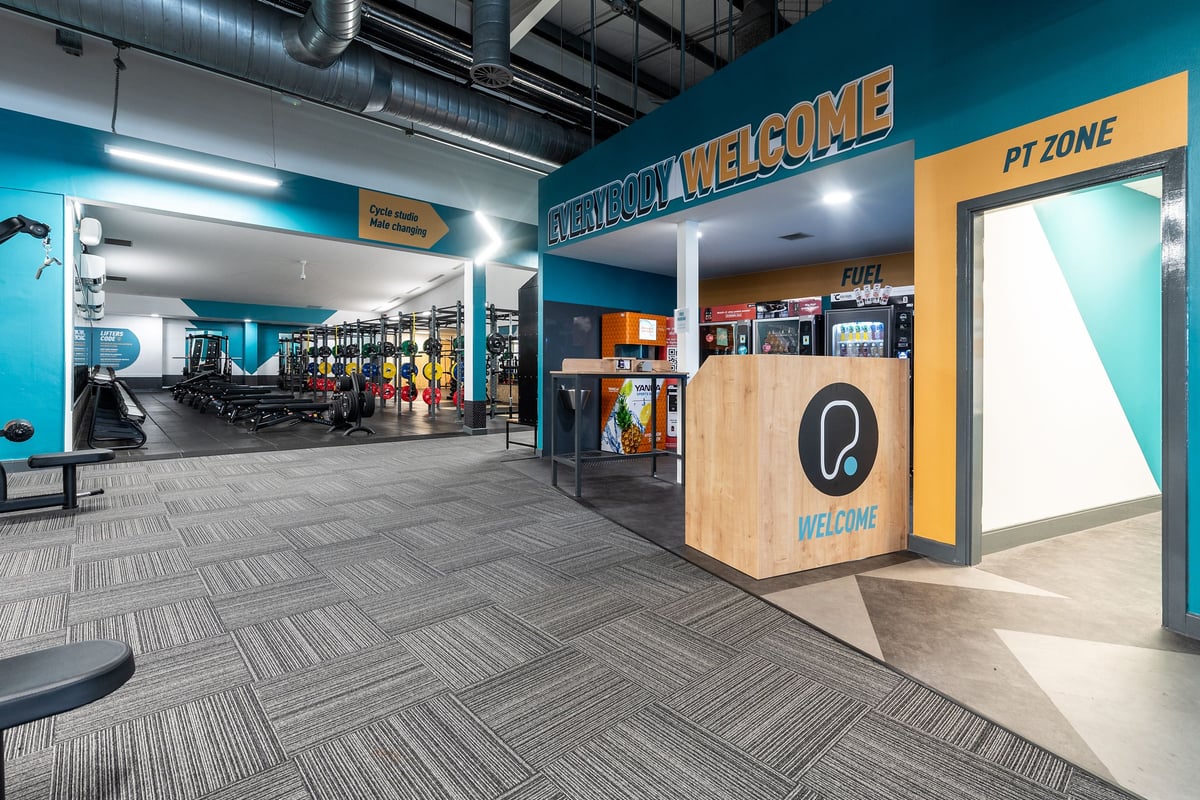 PureGym Loughborough: Welcome area, reception desk, fitness equipment rental or purchase zone.