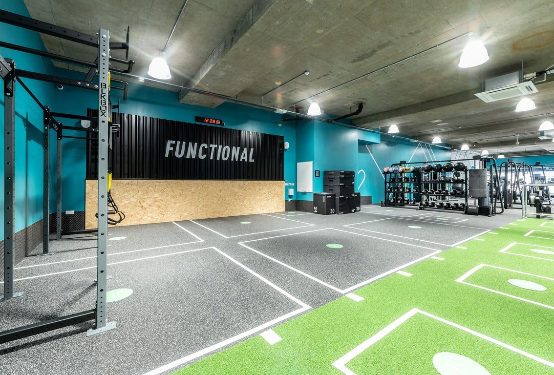 PureGym London Leytonstone: Indoor functional training area with turf, rig, weights, rubberized flooring and teal accents.