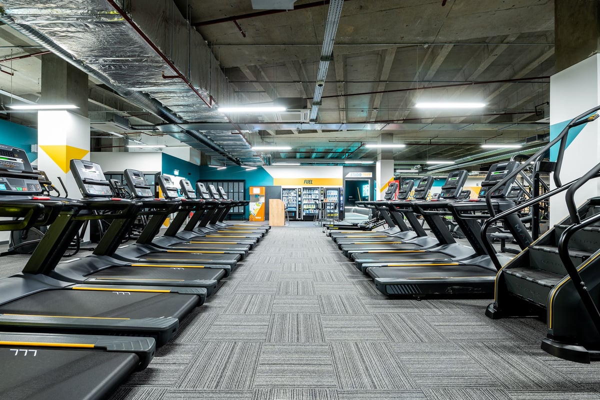 PureGym Uxbridge: Rows of treadmills, ellipticals, and other cardio machines in a gym setting with industrial ceiling.