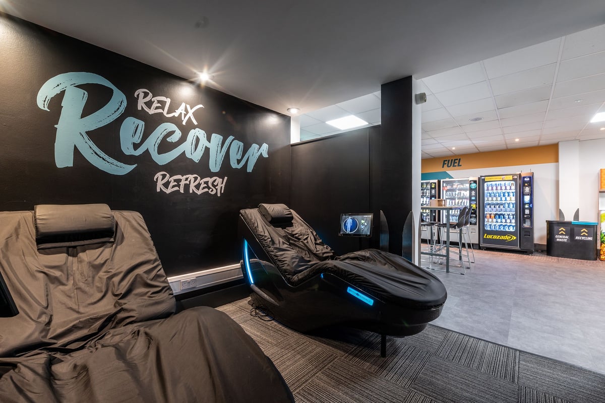 PureGym Harlow: Massage chairs, vending machines, and a relaxation area with bean bags.