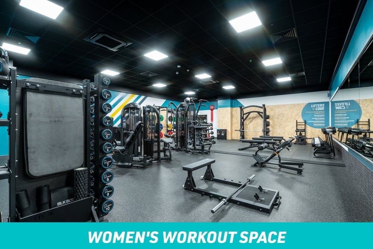 PureGym Weston Super Mare Women's Workout Space: Range of strength equipment including dumbbells, barbells and fixed pin machines