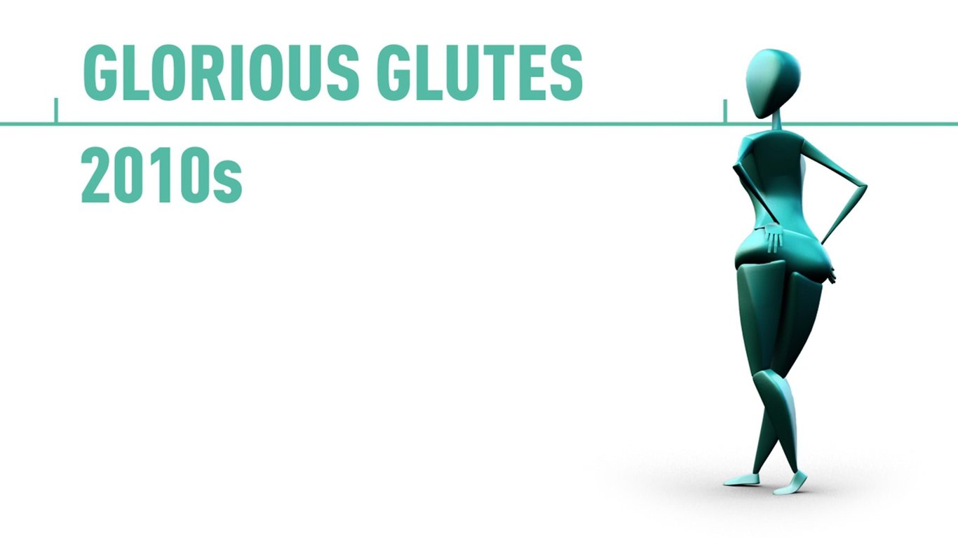 Stylised figure with emphasised glutes labelled glorious glutes 2010s