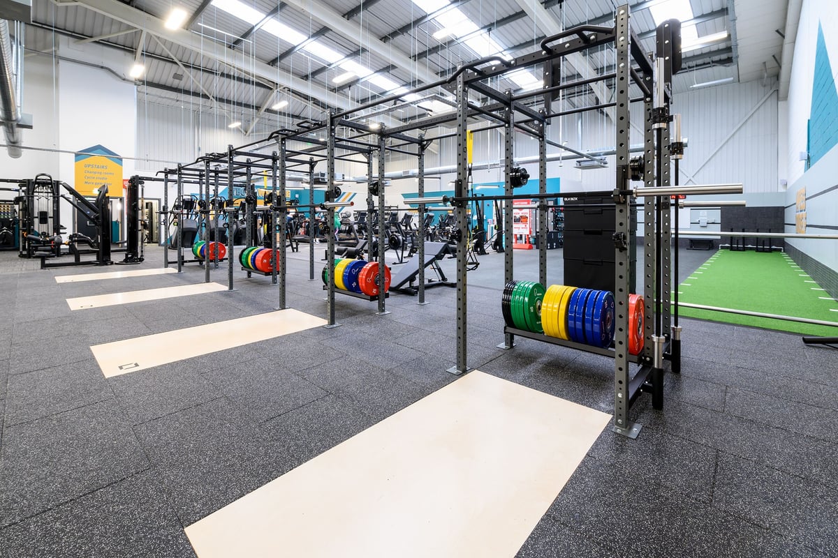 PureGym South Ruislip: Functional training rig, weight plates, squat racks, rubberized flooring, green turf area.