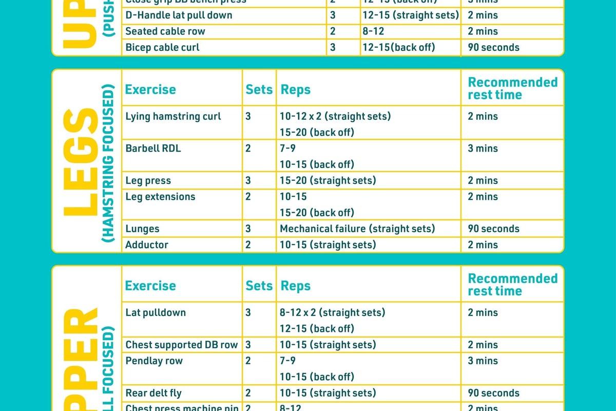 Bodybuilding workout plan with exercises, sets, reps, and rest times for each day.
