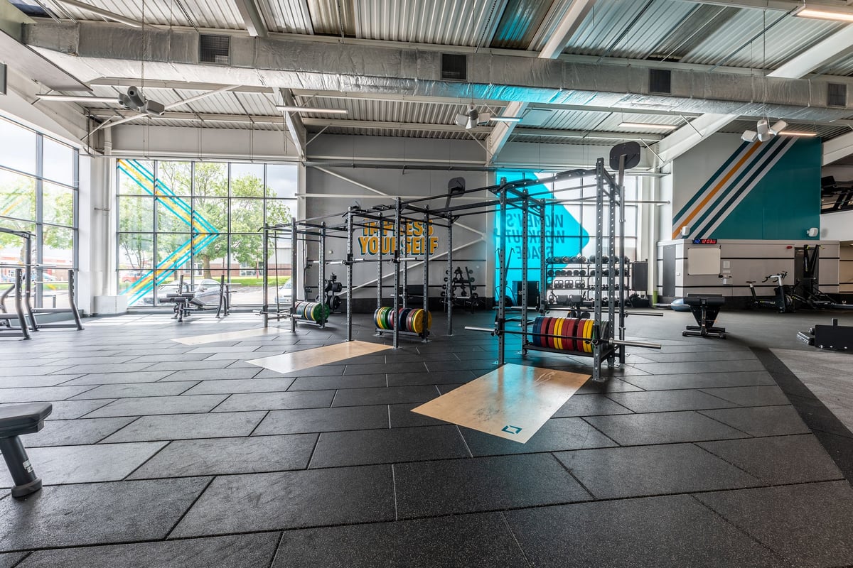 PureGym Brierley Hill: Squat racks, weight plates of various colours and other training equipment.