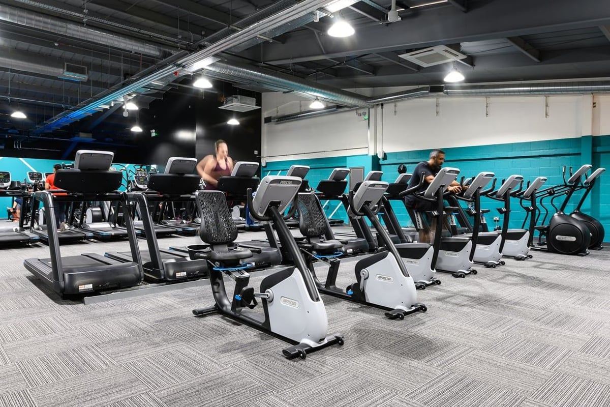 PureGym St Albans: Rows of treadmills and stationary bikes with mirrors and branding along the walls.