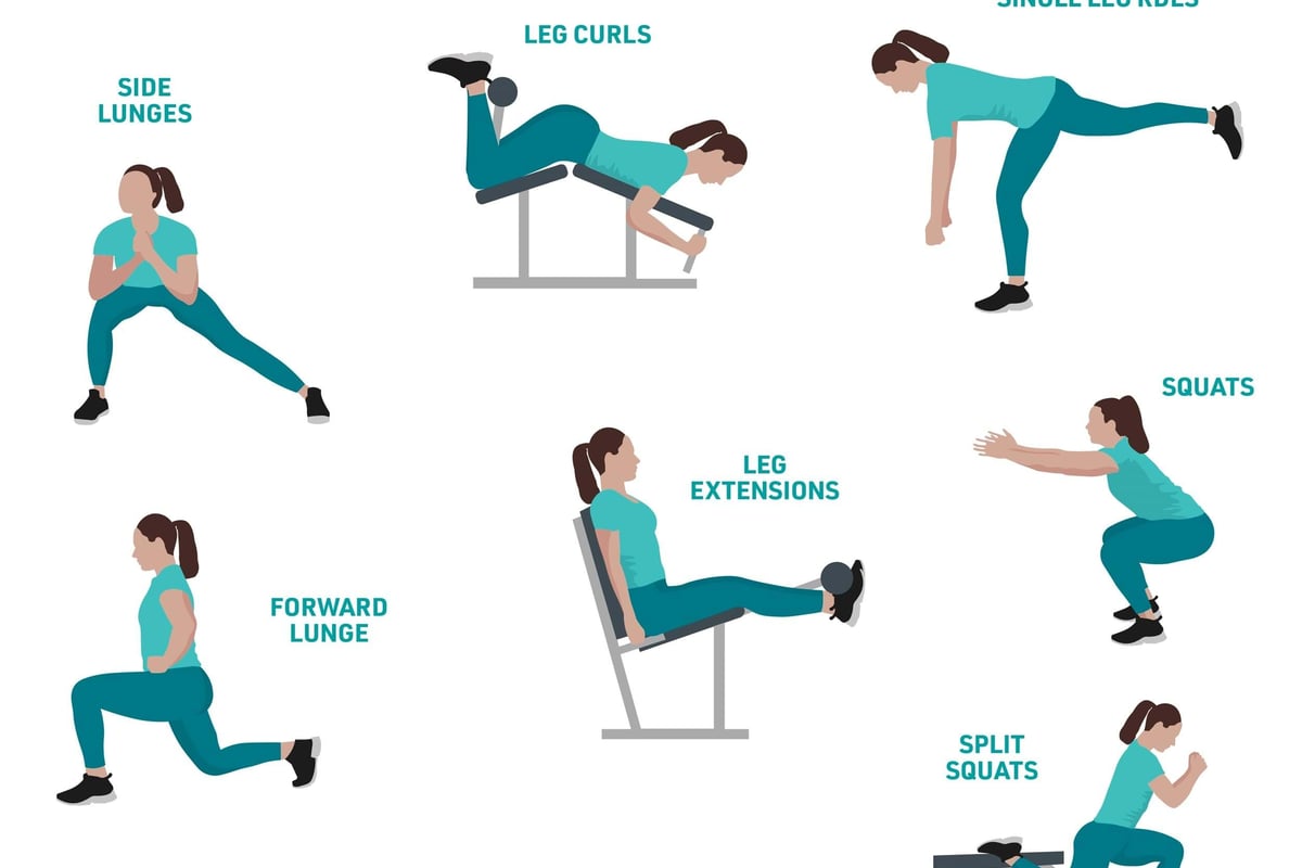 Women performing ten different thigh exercises including lunges, leg curls, squats
