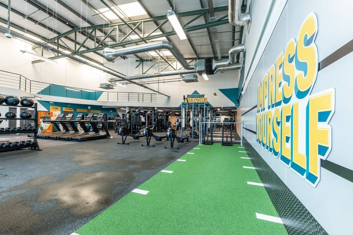 PureGym Coleraine: Weight racks, resistance machines, green turf area, exposed ceiling beams and ducts.