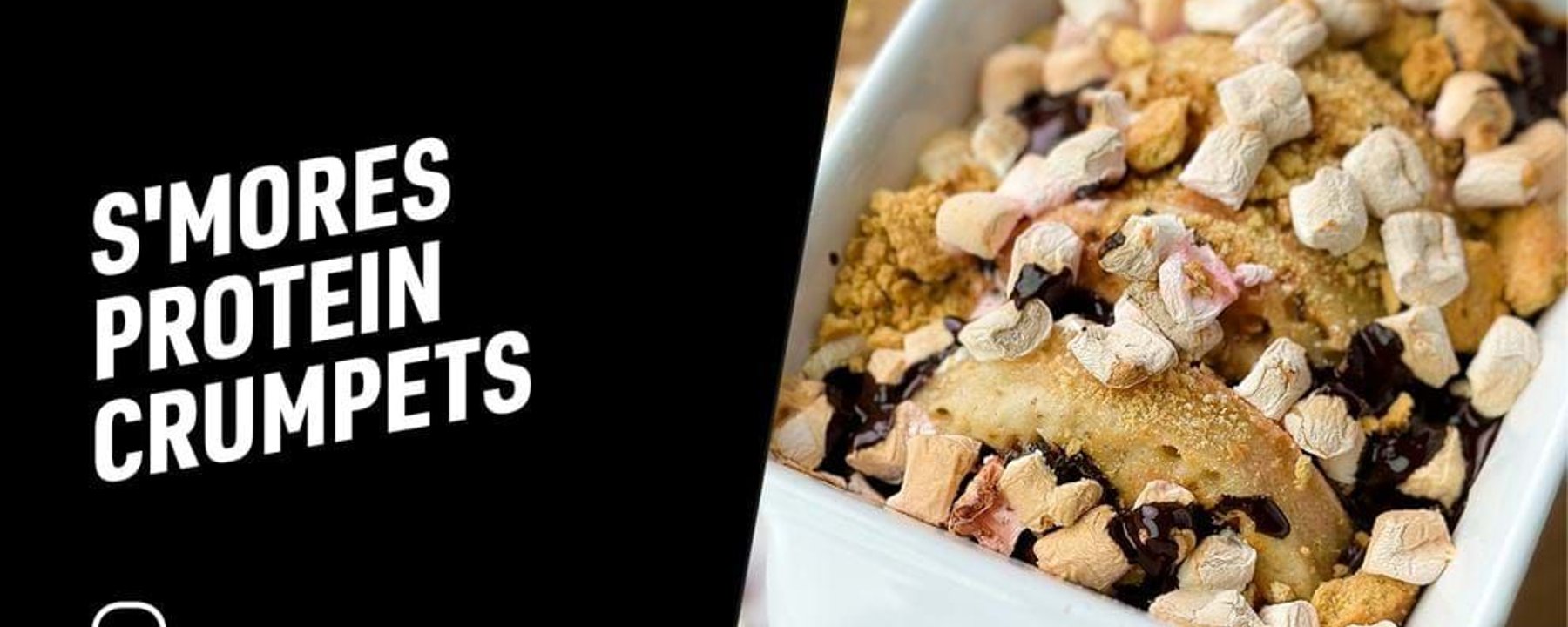Baked crumpets topped with mini marshmallows, chocolate sauce, and crumbs in a white dish