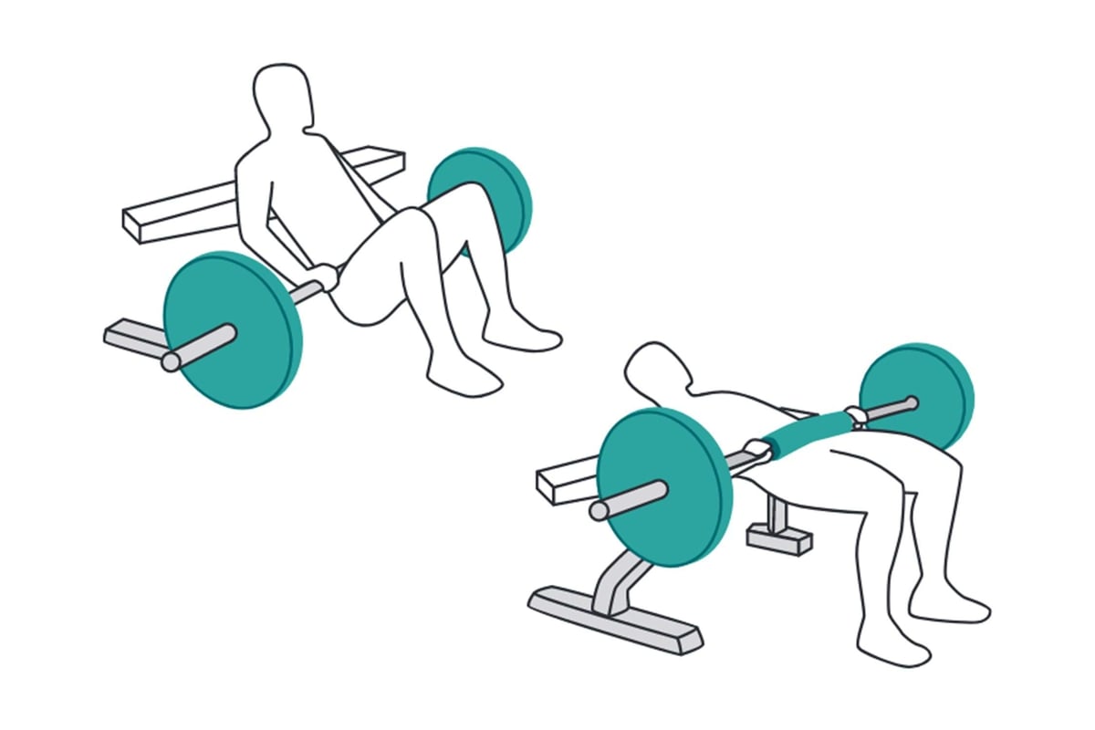 Two figures performing hip thrust exercises with a barbell on a bench.