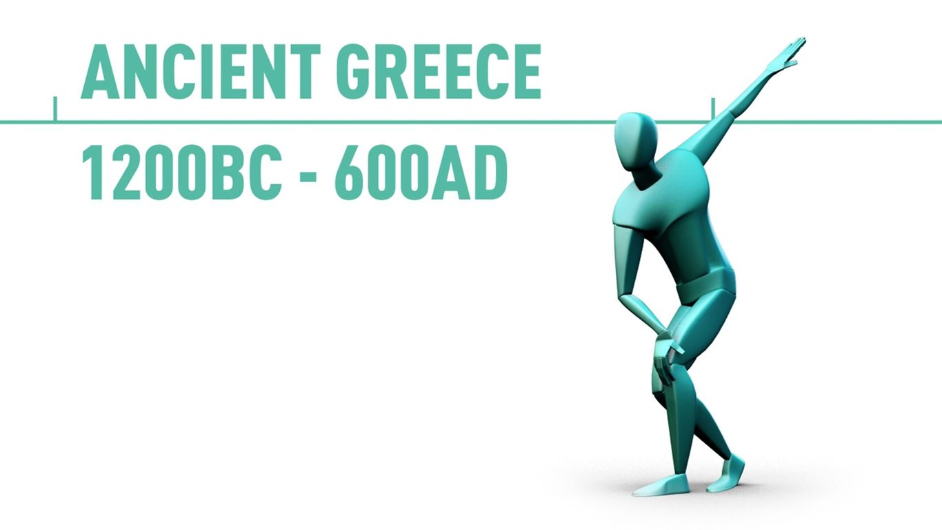 Turquoise mannequin in a pose next to text Ancient Greece 1200BC - 600AD