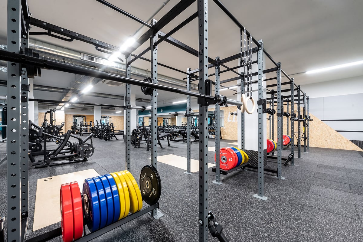 PureGym London Catford Rushey Green: Rig frames, weight plates in varied colours, rubberized floors, and gym equipment.