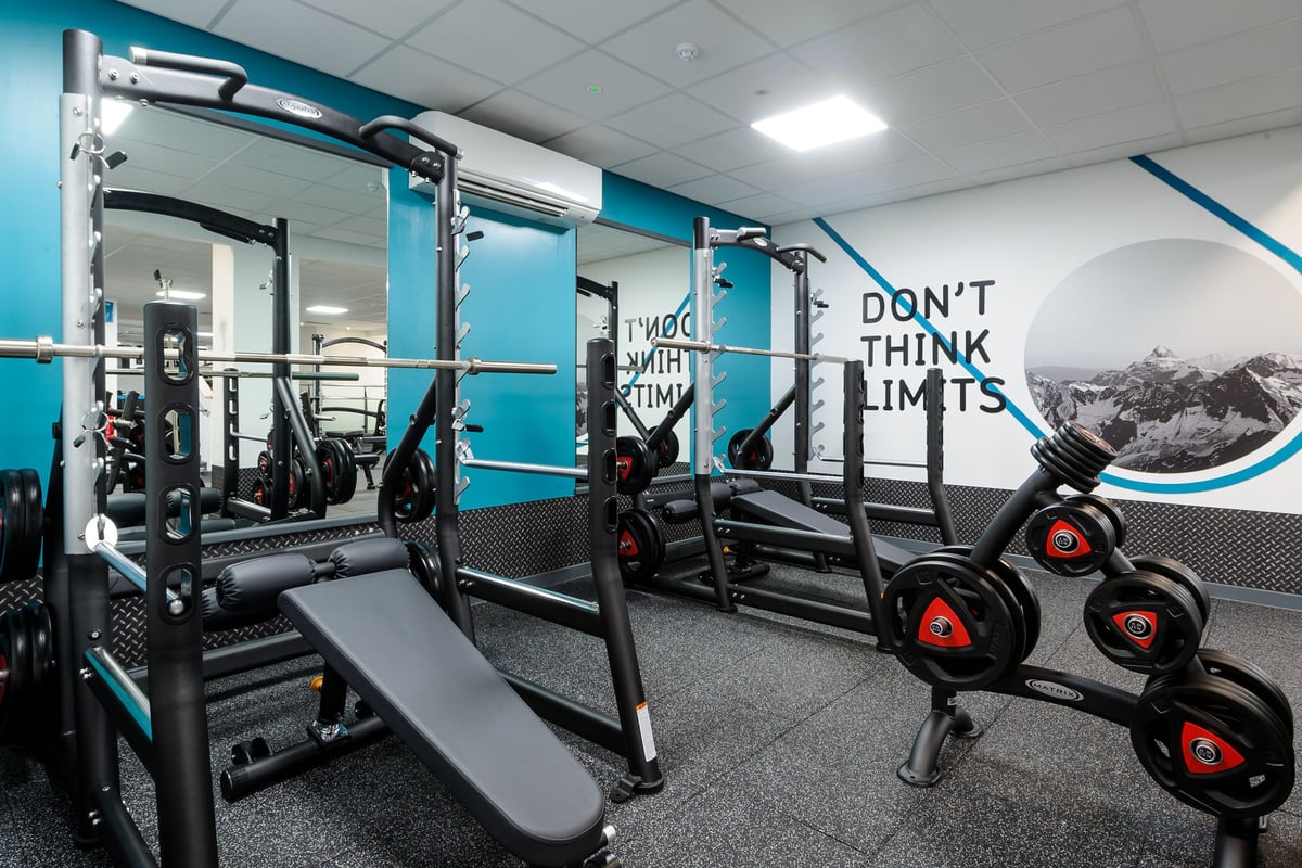 PureGym Billericay: Squat racks, benches, free weights, tubing machines, and motivational wall graphics inside a gym studio.