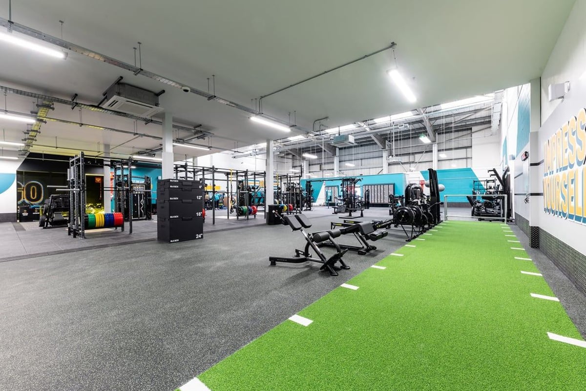 PureGym Dagenham: Gym with weight racks, exercise equipment, green turf area, and motivational wall graphics.