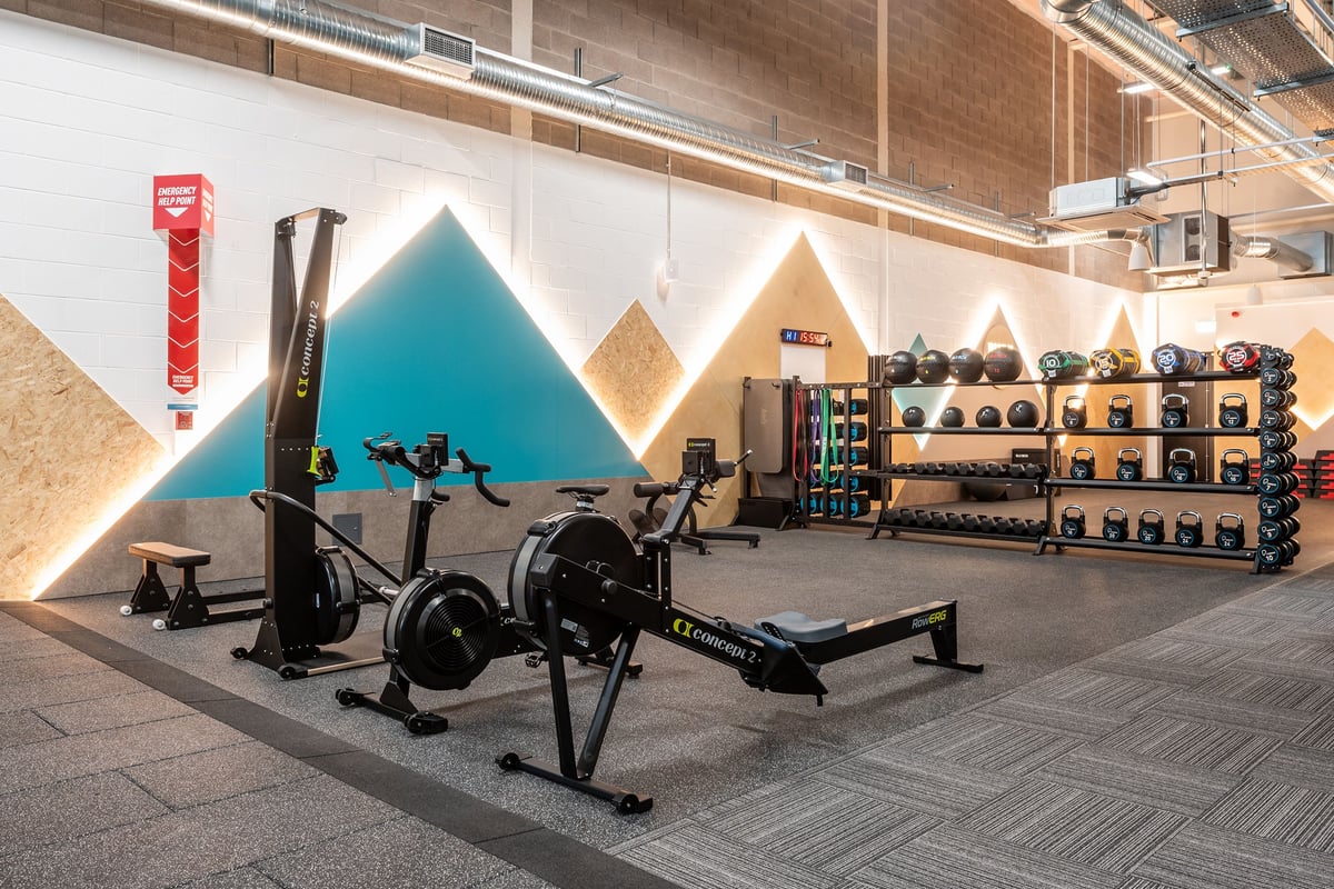 PureGym Shepton Mallet: Rowing machines, weight racks, resistance bands, and angular pyramid backdrops.