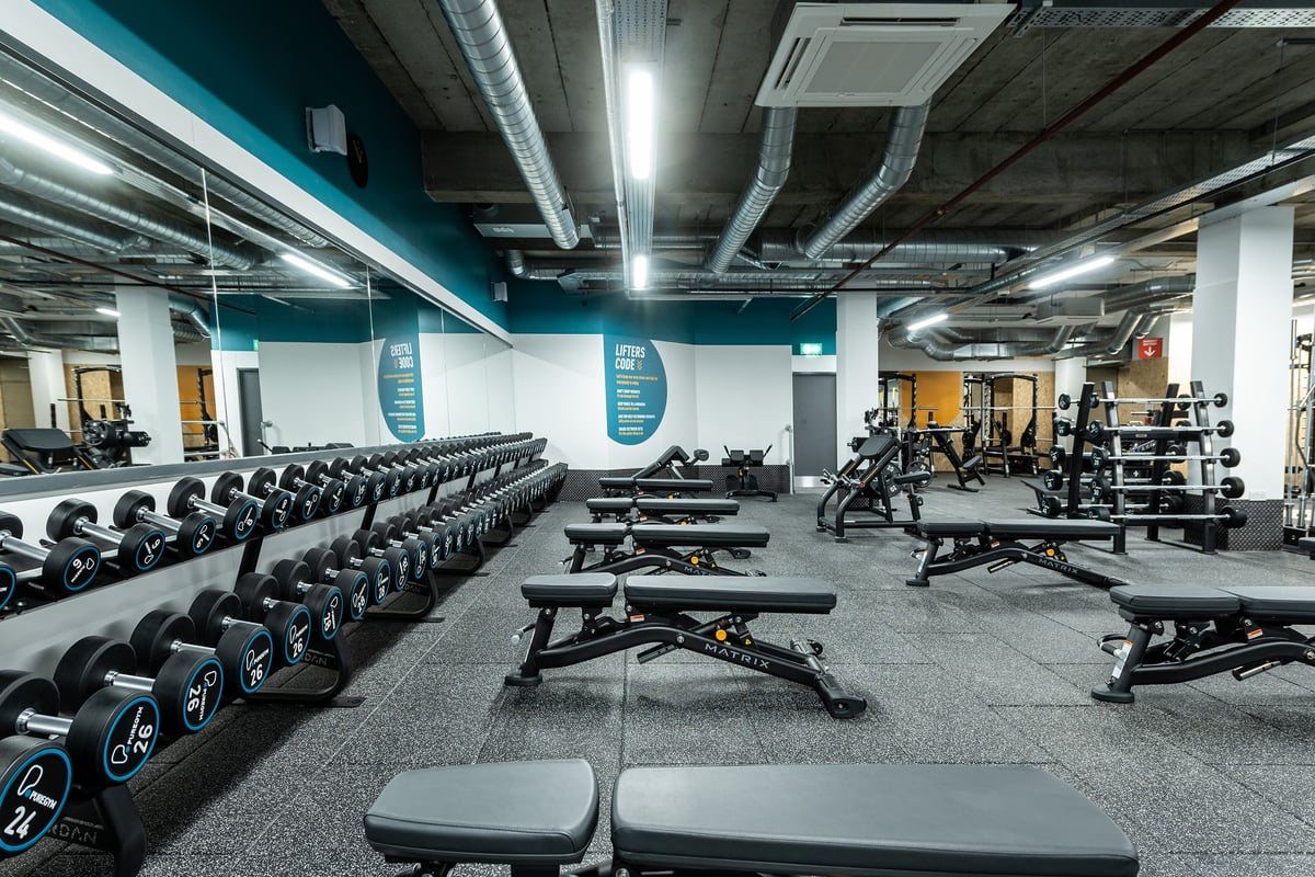PureGym London Streatham: Rows of dumbbells, weight benches, barbells and weighted plates on rubberised flooring.
