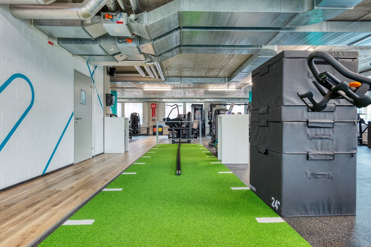 PureGym Lenzburg : zone d'entraînement fonctionnelle avec gazon artificiel, haltères et équipements de
