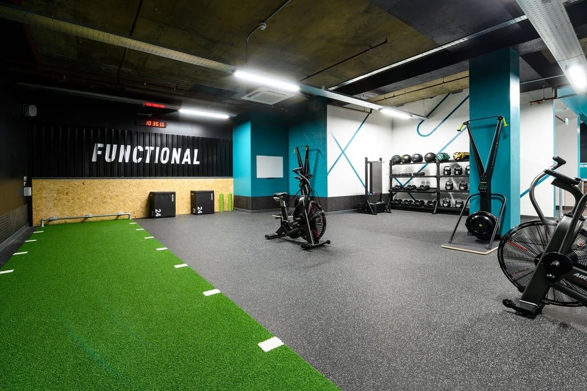PureGym Hemel Hempstead: Functional training area with exercise rigs, green turf, weight racks, and low ceilings.
