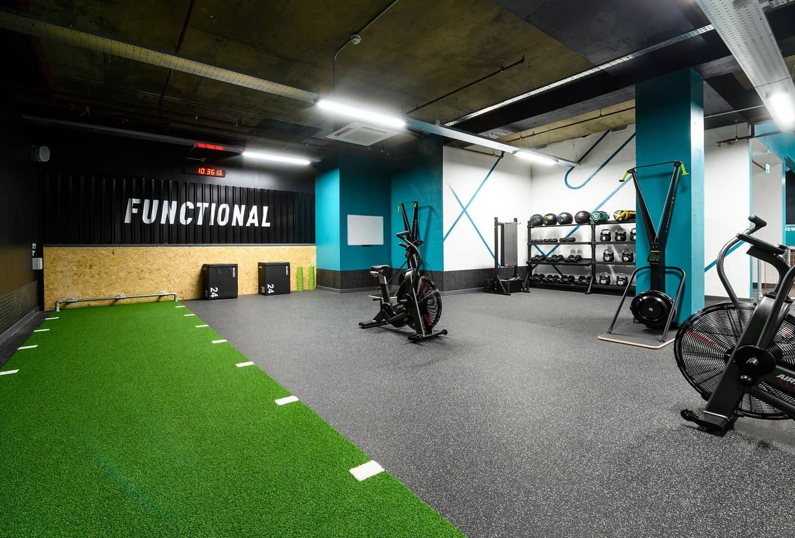 PureGym Hemel Hempstead: Functional training area with exercise rigs, green turf, weight racks, and low ceilings.