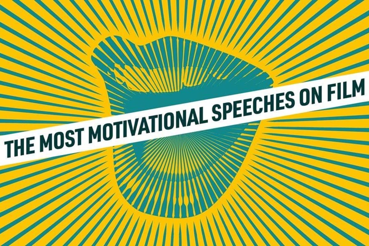 Open mouth with text the most motivational speeches on film over yellow and green rays bac
